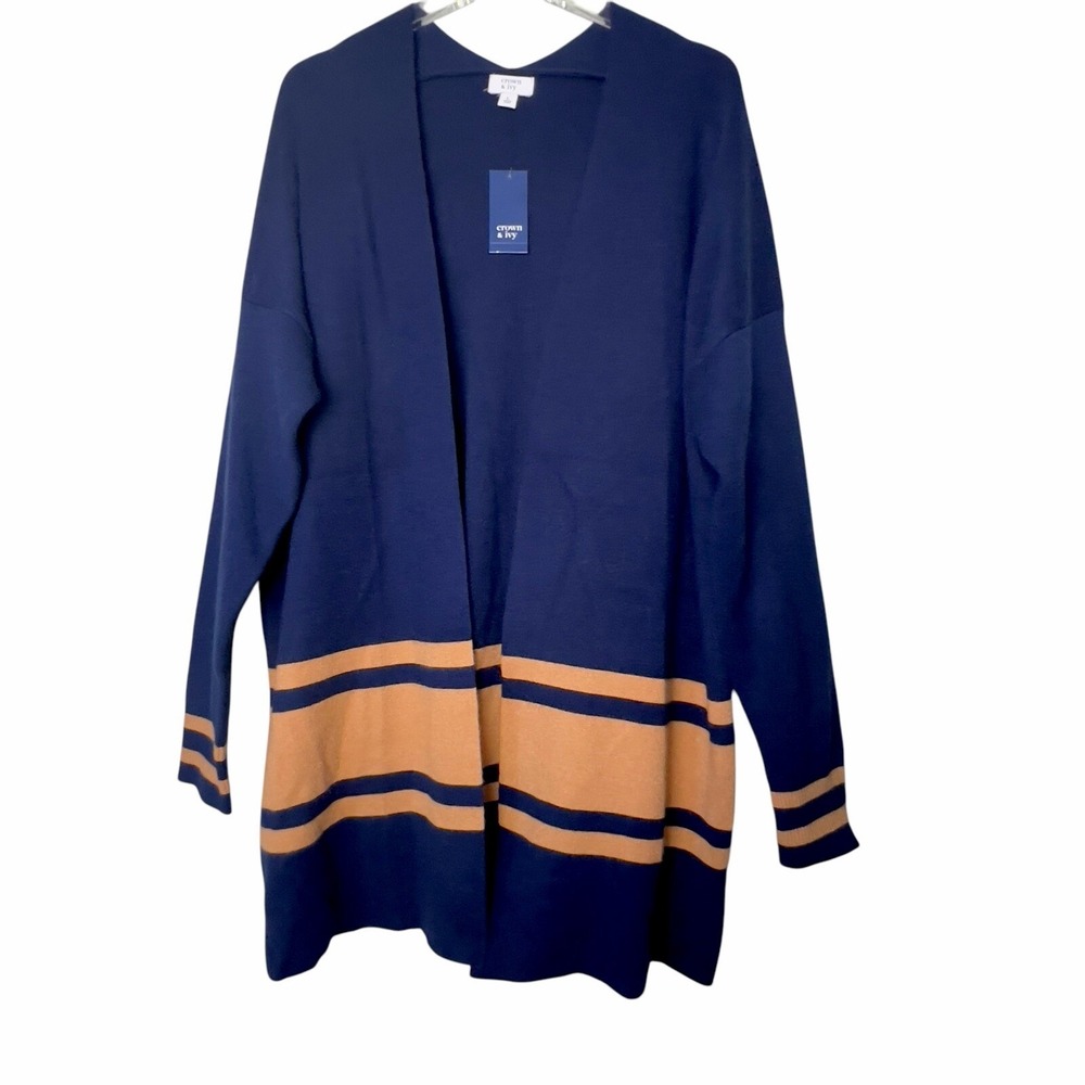 Crown & Ivy Open Front Color Block Cardigan Women Size Large Navy & Khaki Duster
